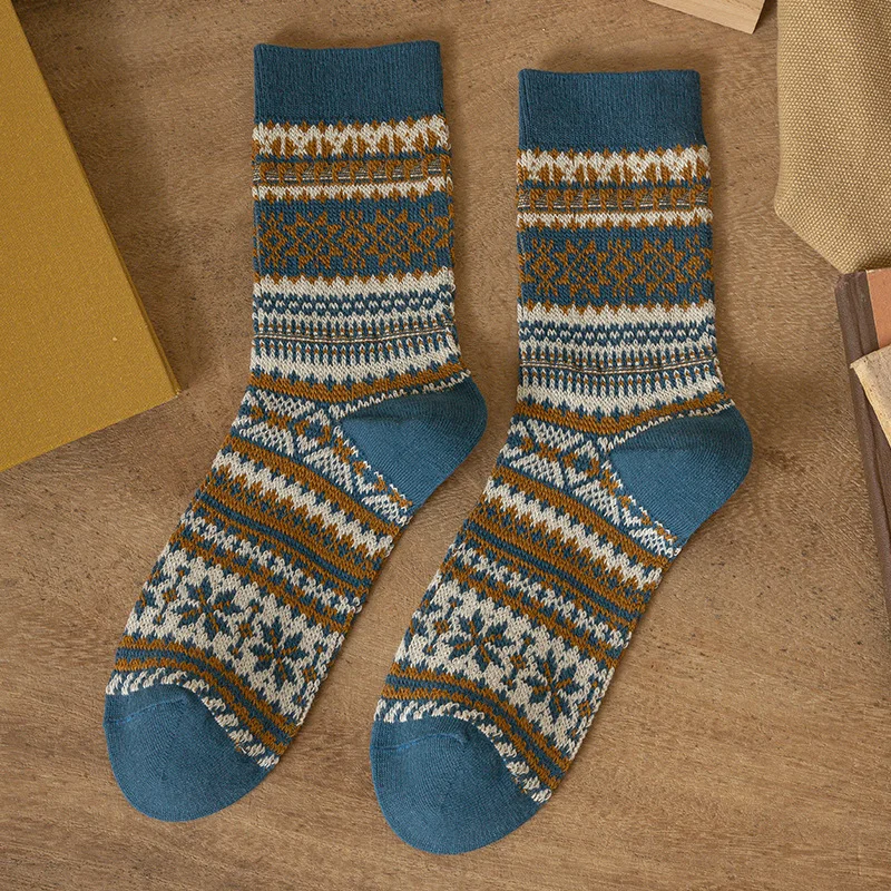 Men's Retro Ethnic Double-Needle Double-Way Cotton Breathable Mid-Calf Socks