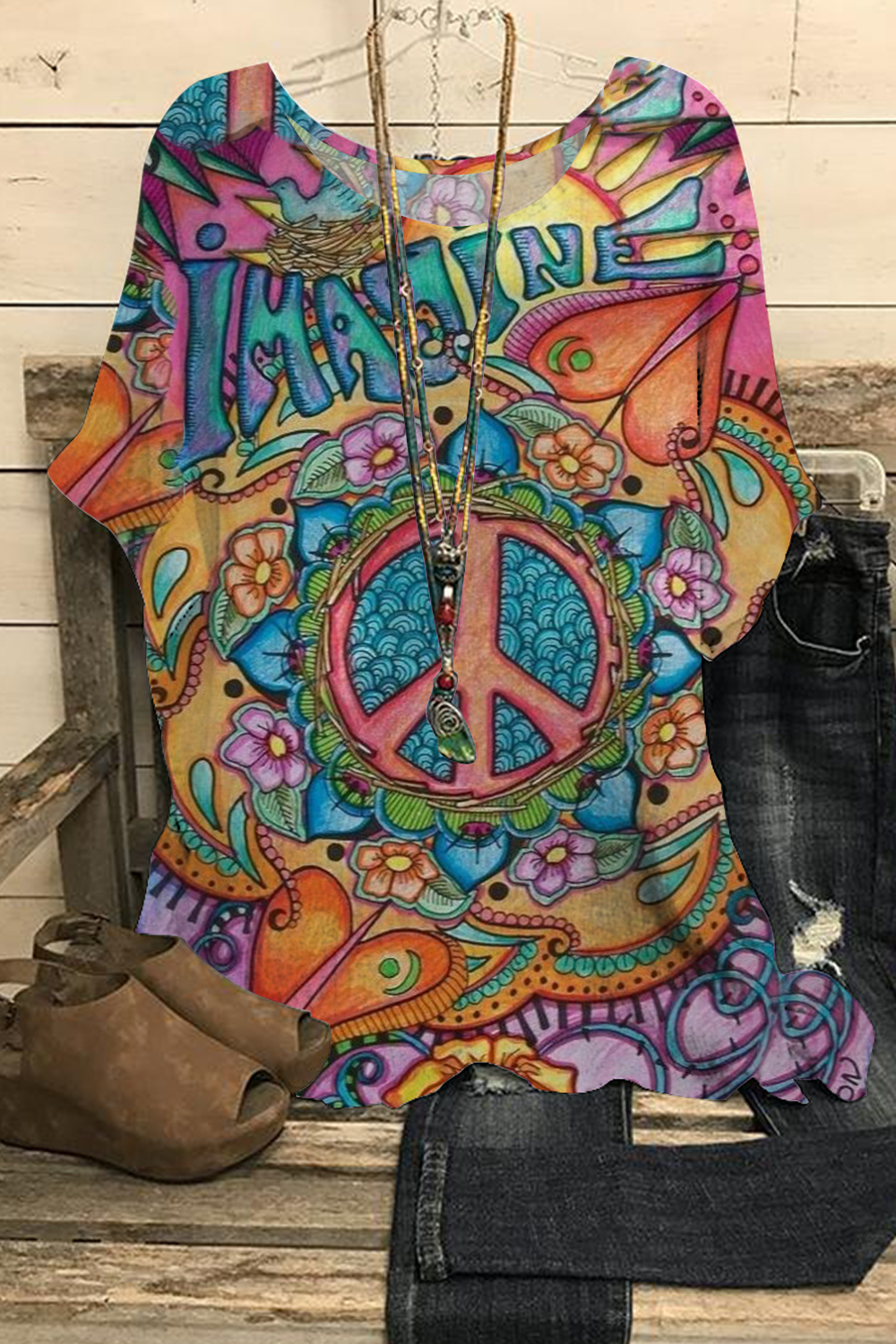 Hippie Art Love Peace Symbol Print Tshirt