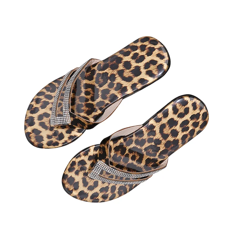 Rhinestone Women Sandals Flip Flops Slippers Fashion Leopard Flat Slides-Annaletters