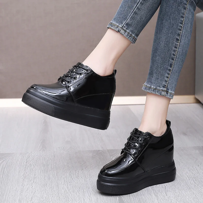 Breakj Breakj Height Patent Leather Small Leather Shoes Heel Waterproof Table Single Shoes Spring Autumn Pine Women's Shoes With Deep Mouth Plus Velvet Naked Boots
