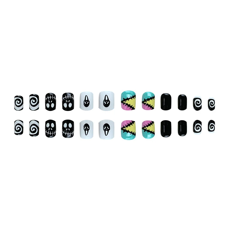 Churchf Churchf Ghost Face Beauty Nail Piece Black And White Vortex Wear Armour Fake Nail Square Short Nail Piece Direct Removable