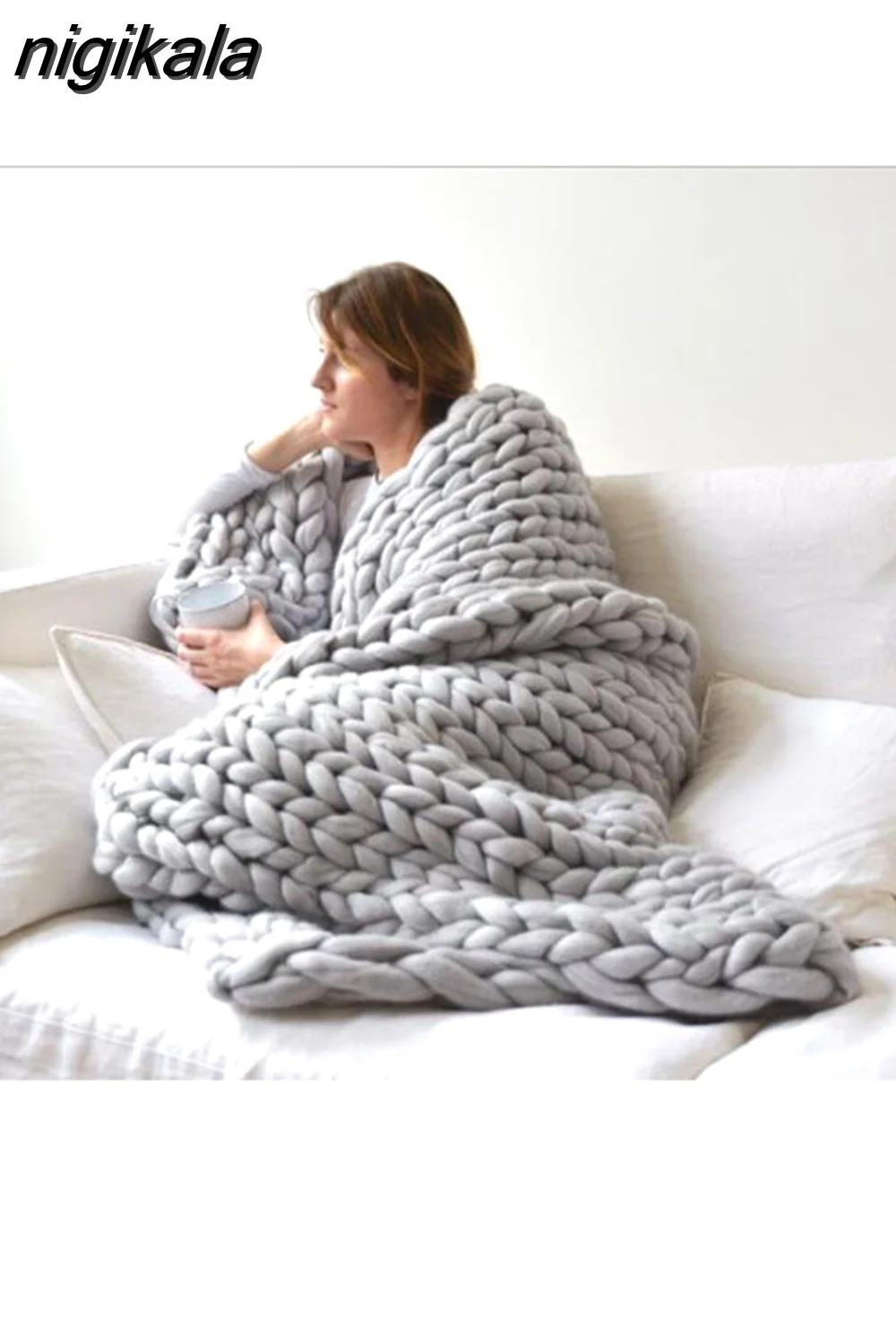 nigikala Chunky Merino Wool Blanket Thick Big Yarn Roving Knitted Blanket Winter warm Throw Blankets sofa bed blanket