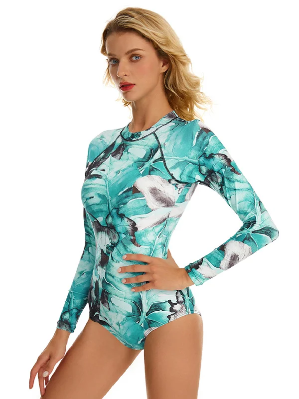 Floral Printed Ink Style Long Sleeves Zipper One-Piece Wetsuits