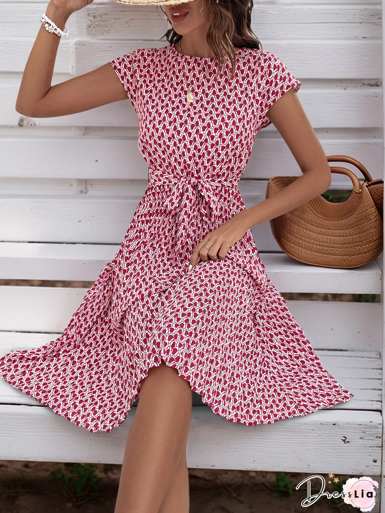Vintage Floral Printed Lace Short Sleeve V Neck Plus Size Casual Weaving Dress