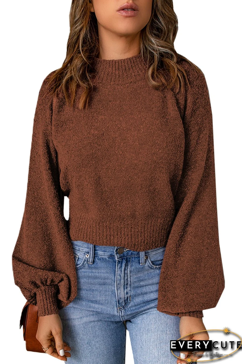 Brown Solid Color Lantern Sleeve Knitted Sweater