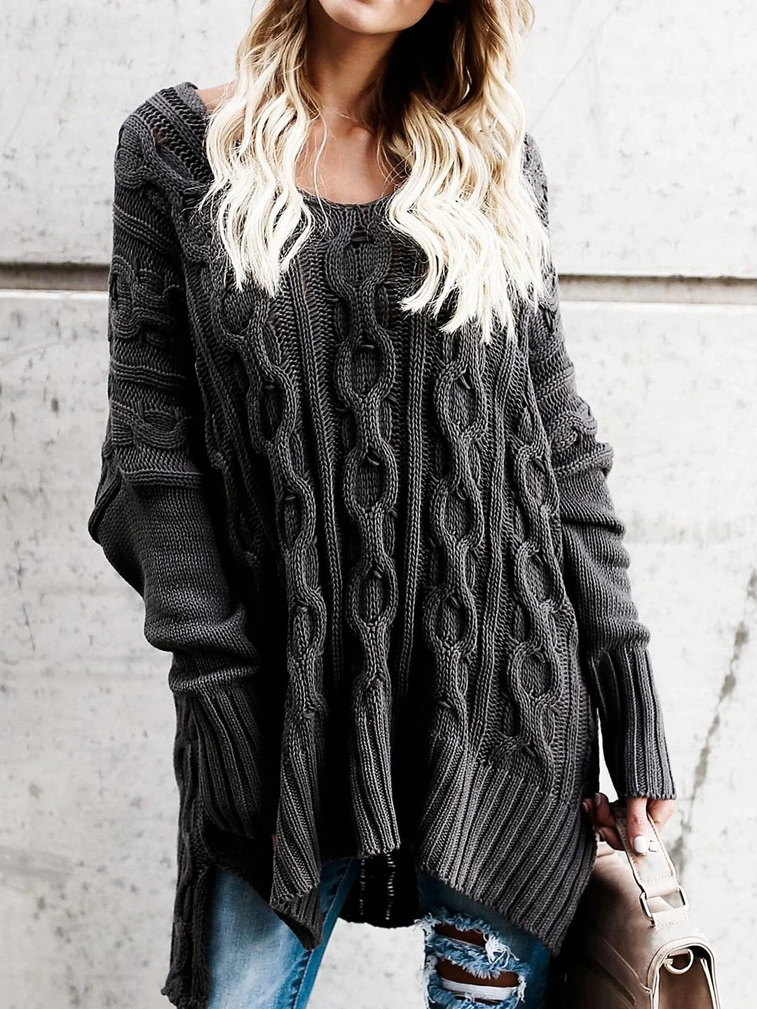 Knitted Plain Simple & Basic Long Sleeve Sweater | EGEMISS