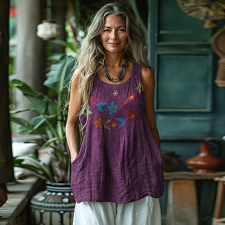 Utbros Vintage Tribal Floral Art Sleeveless Linen Blend Tank Top