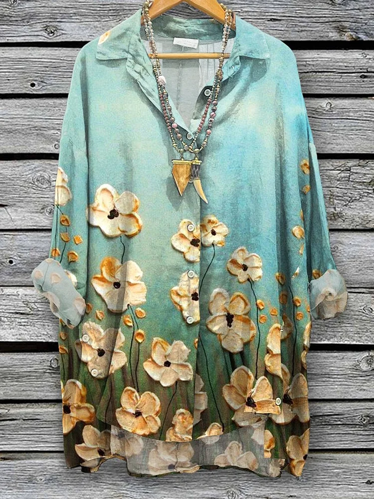 Women's Spring Flowers Art Print Casual Cotton And Linen Shirt