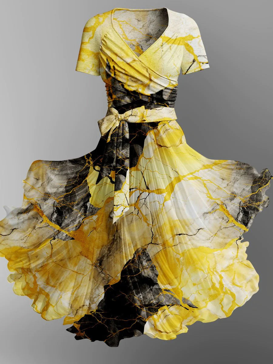 Gold Foil Tie-Dye Art Print Elegant Retro Chic V-Neck Strap Short Sleeve Midi Dress