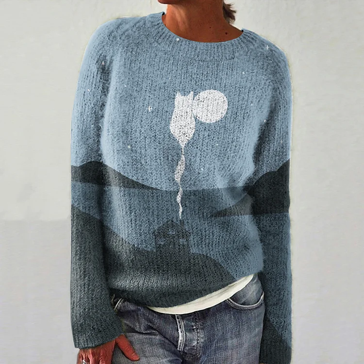 Abstract Creative Cute Cat And Moon Art Painting Art Print Knitted Pullover Sweater