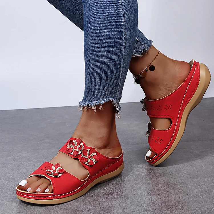 Women Comfortable Beach Shoes Hollow Flower Wedge Platform Roman Style Sandals