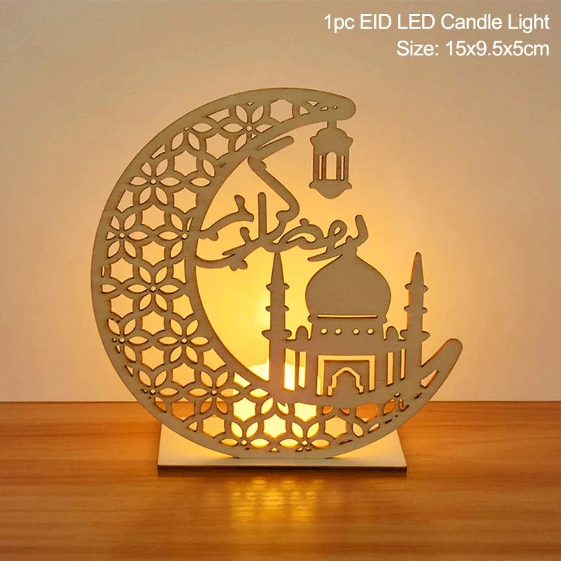 EID Mubarak Wooden Pendant with LED Candles Light Ramadan Decorations For Home Islamic Muslim Party Eid Decor Kareem Ramadan