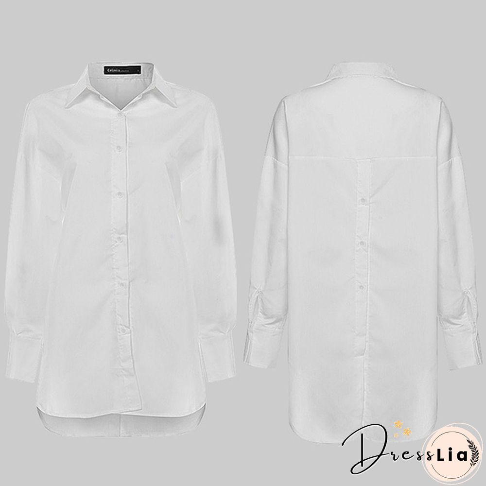 S-5XL Women Solid Color Lapel Button Long Sleeve Blouse Casual Elegant Loose Streetwear Tops Shirt Plus Size Manteau