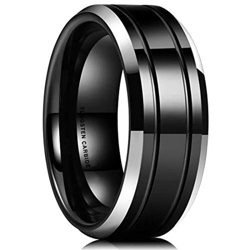 Women's Or Men's Tungsten Carbide Wedding Band Matching Rings,Duo Tone Black and Silver High Polished Silver Tone Beveled Edge Double Groove Tungsten Carbide Bands Ring With Mens And Womens For Width 4MM 6MM 8MM 10MM