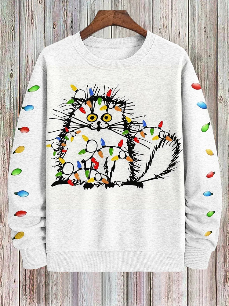 Men's Christmas Light Bulb Cat Print Casual Sweatshirt