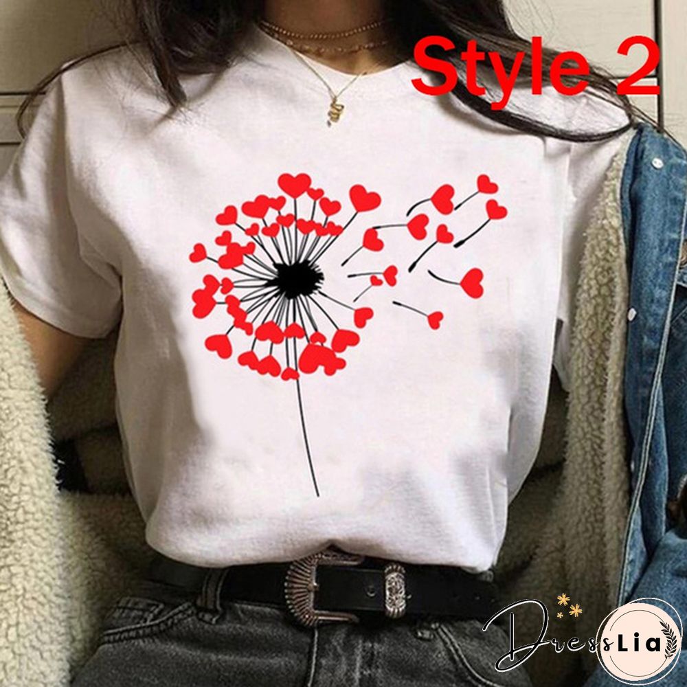 Women Clothes Lady Tees Graphic Printing Love Heart Sweet Valentine Cute Fashion Tops Female T Shirt Womens T-Shirt