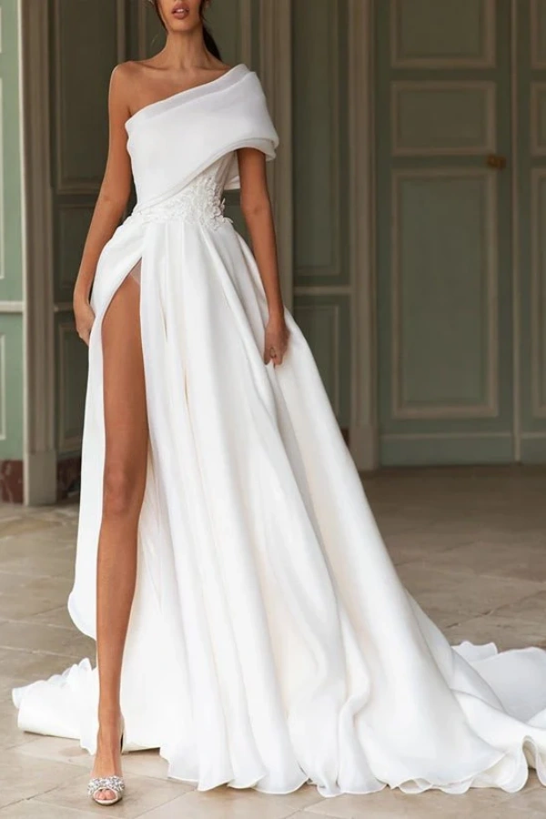 Ovlias White One Shoulder Plaeted Wedding Dress High Split with Applique DE0001