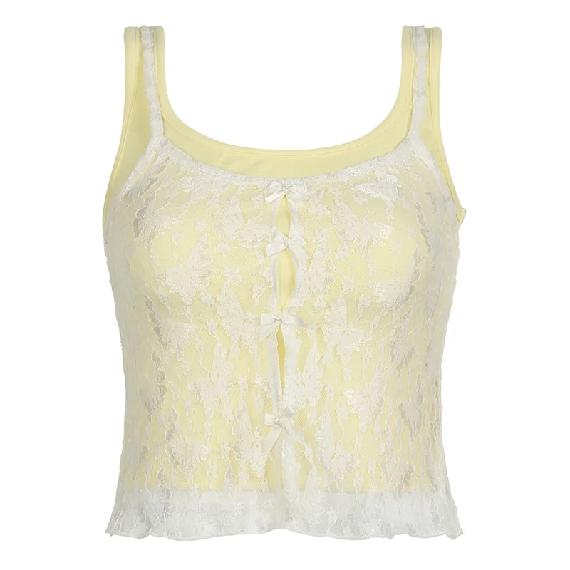 Ueong Fresh Girl Lace Splicing Yellow Bow Harness Dopamine Pure Desire To Fold And Wear A Two-Piece Set