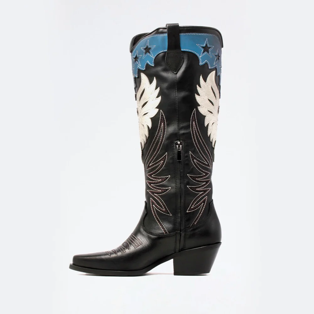 Women's Wing Patchwork & Star Inlay Snip Toe Black Cowboy Boots
