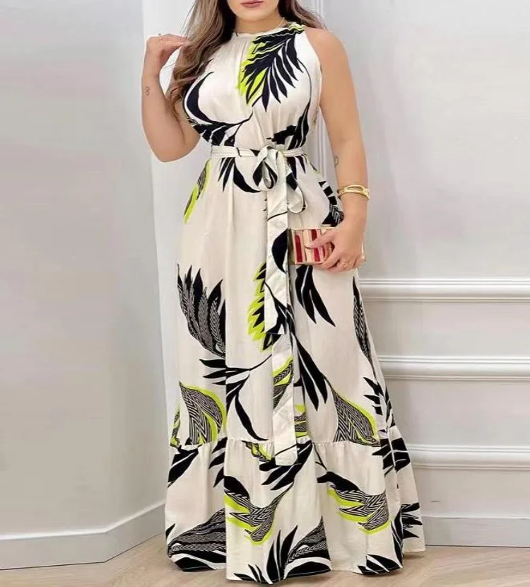 Ueong E-Commerce Women's Wear Spring And Summer New Printed Round Collar Sleeveless Lace-Up Long Dress In Stock