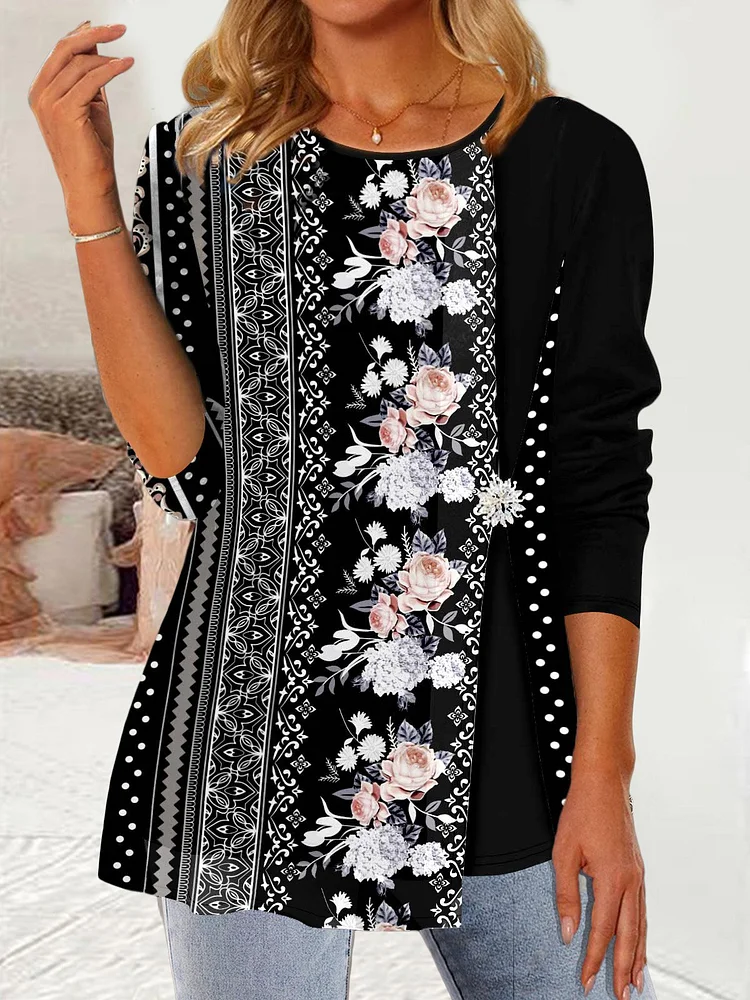 Casual Floral Autumn Daily Long Sleeve Crew Neck Regular H-Line Regular Tops For Women