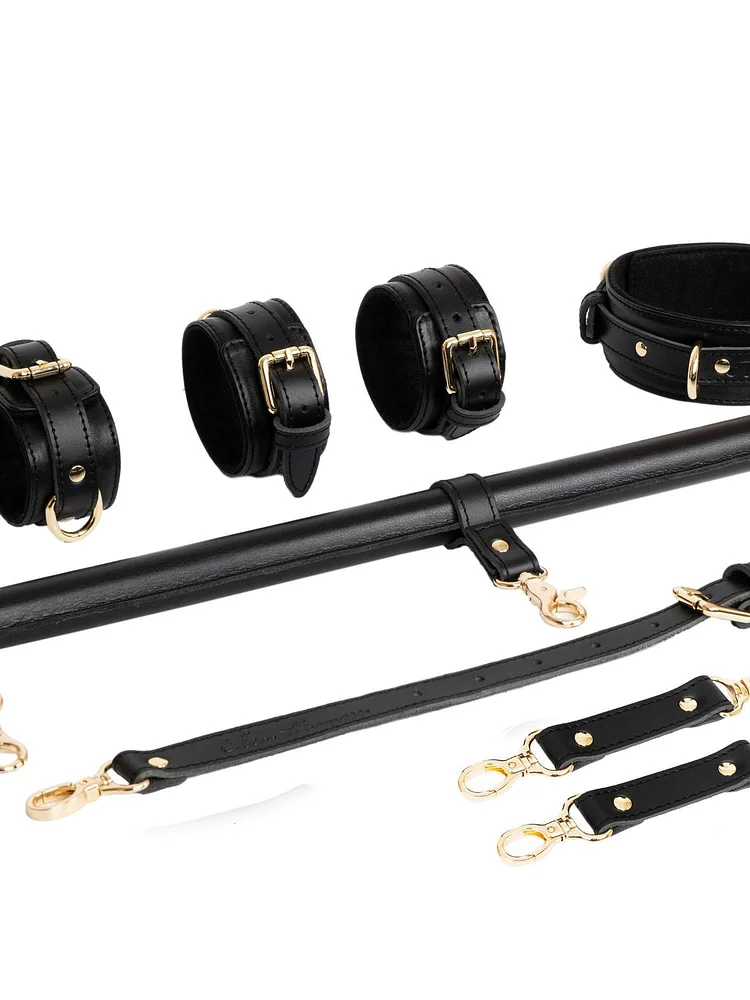 pornhint Pornhint 5-Point Leather Spreader Bar Set Ð Full Body Bondage Kit with Cuffs & Collar Ð Adjustable Restraint Bar for Couples leather body harnesses for women