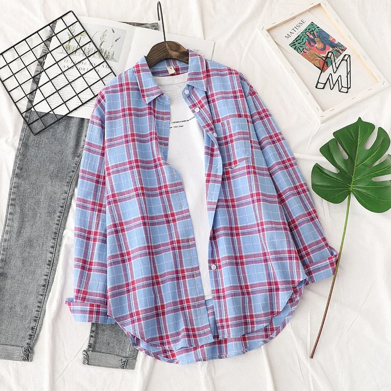 Summer Plaid Shirts Womens Blouses And Tops 100% Cotton Loose Female Sunscreen Shirt Casual Thin Outwear Lady Checked Clothes