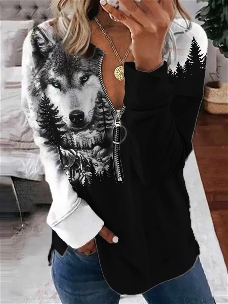 Wild Wolf Forest Contrast Zip Up Casual Sweatshirt