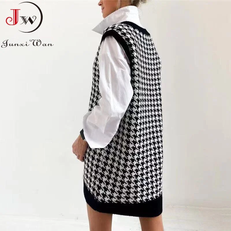 Autumn Winter Loose Houndstooth Women Knitted Vest Sweater Vintage Elegant Mid-Length Autumn Winter Loose Tops Pullover Jersey