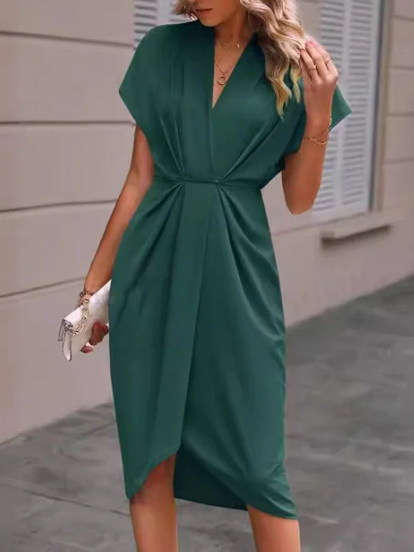 High-Low Loose Knot Pleated Solid Color Split-Front V-Neck Midi Dresses