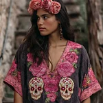 Day Of The Dead Glitter Pink Roses Sugar Skulls Embroidered Linen Shirt - Image 2