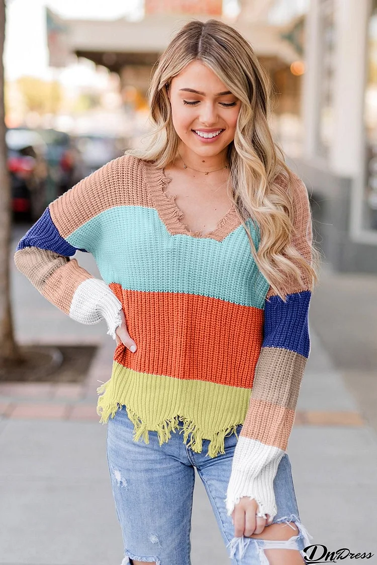 Apricot Orange Colorblock Distressed Sweater