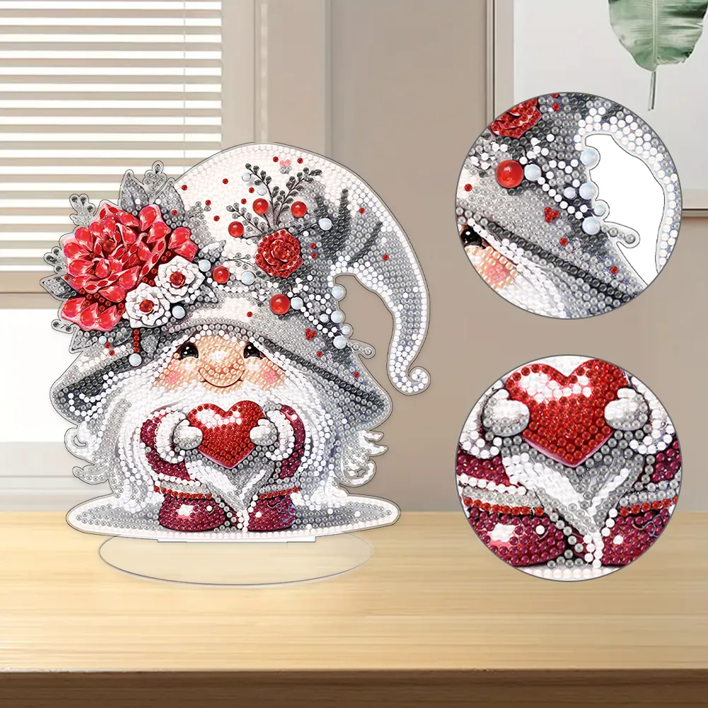DIY Love Rose Gnome Single-Sided Acrylic Diamond Painting Tabletop Ornament for Home Office Desktop Decor