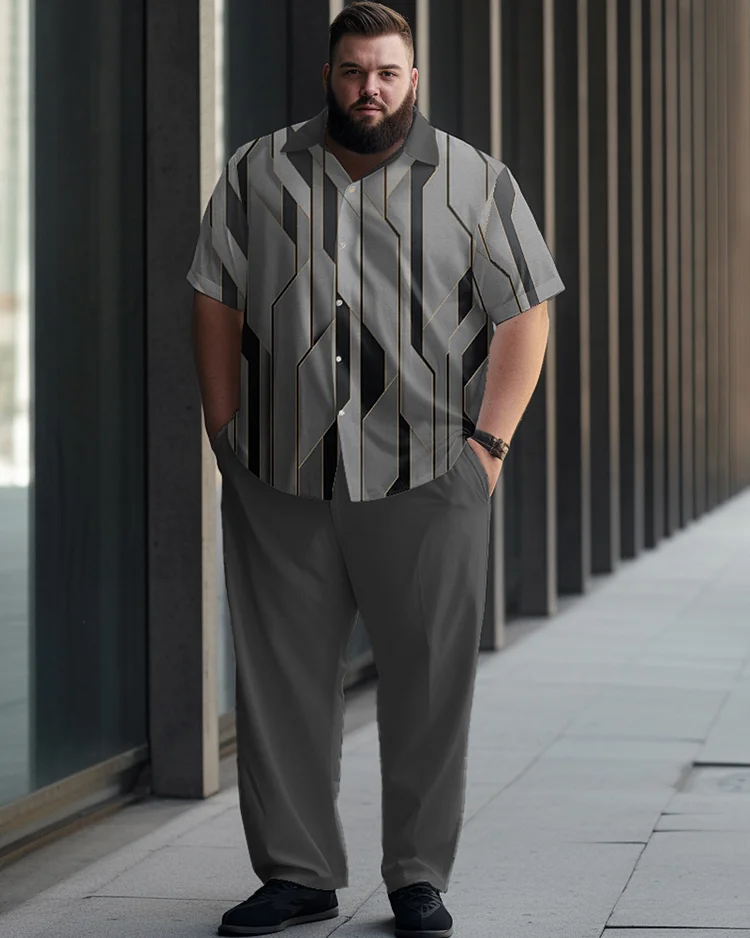 Striped Button Printed Oversized Men's Short Sleeved Shirt Set