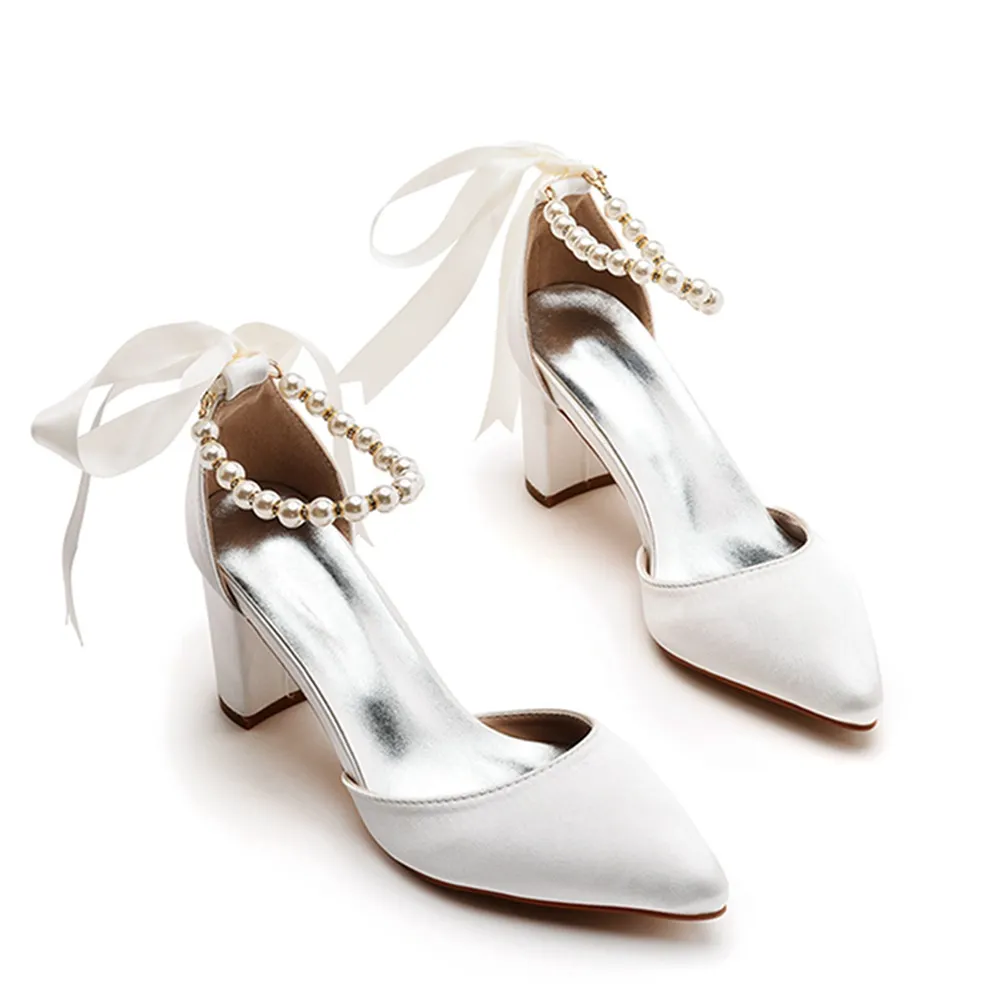 Breakj Breakj Cm Thick Heel Pointed Sandals With Shallow Female Sandals White Beaded Satin Cloth Bride High Heels Large Size