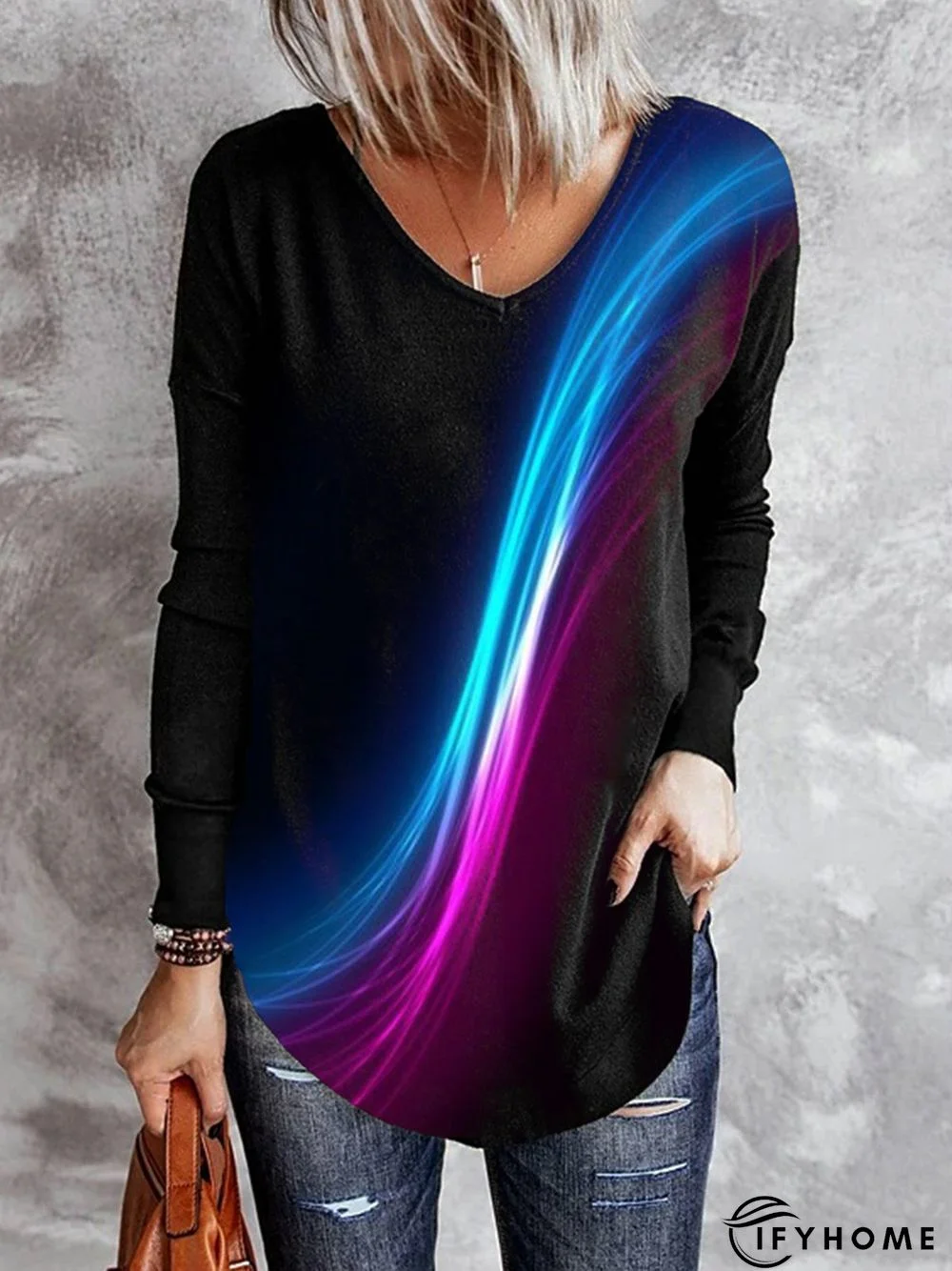 Women Casual Abstract Autumn V neck Micro-Elasticity Daily Long sleeve Mid-long Regular Size T-shirt | IFYHOME