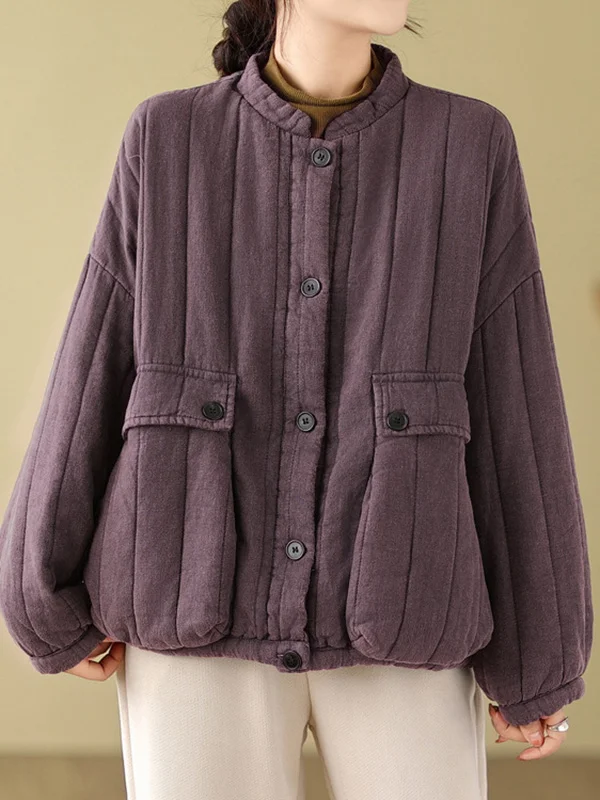 Long Sleeves Loose Buttoned Pockets Quilted Split-Joint Round-Neck Padded Coat