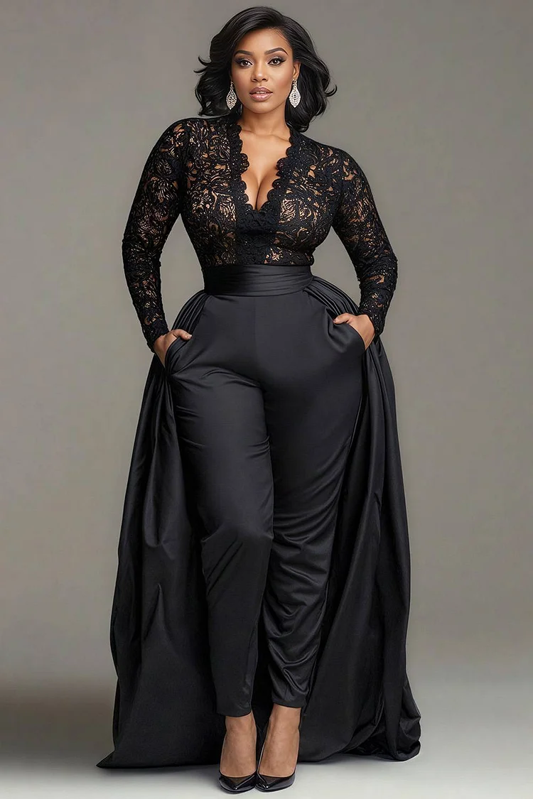 Xpluswear Design Plus Size Formal Satin Black V Neck Long Sleeve With Skirt Overlay Elegant Pocket Lace Jumpsuits [Pre-Order]