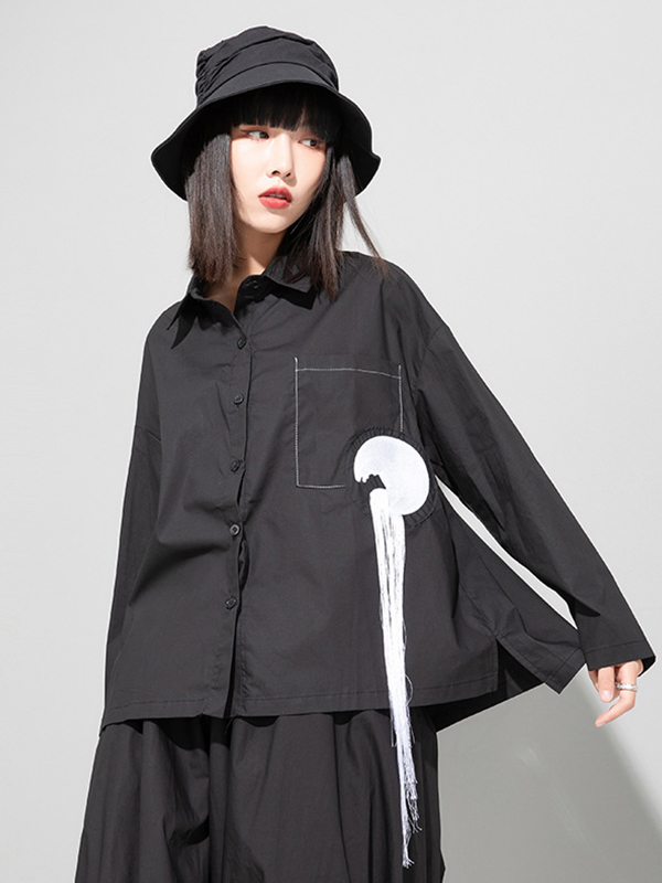 Loose Long Sleeve Shirt With Embroidered Tassels