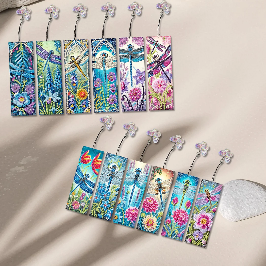 12Pcs Dragonflies Flowers DIY Diamond Art Painting Bookmark for Beginners Adult