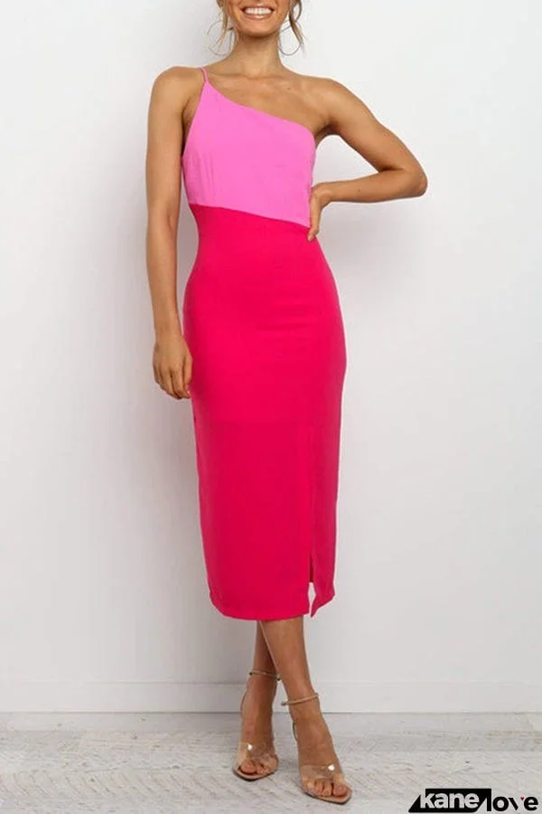 Temperament One-shoulder Contrast Color Slit Midi Dresse