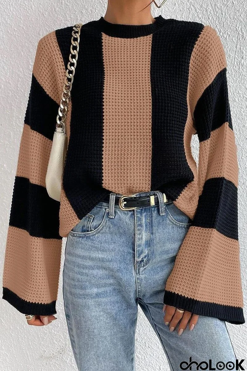 Casual Striped Contrast O Neck Tops