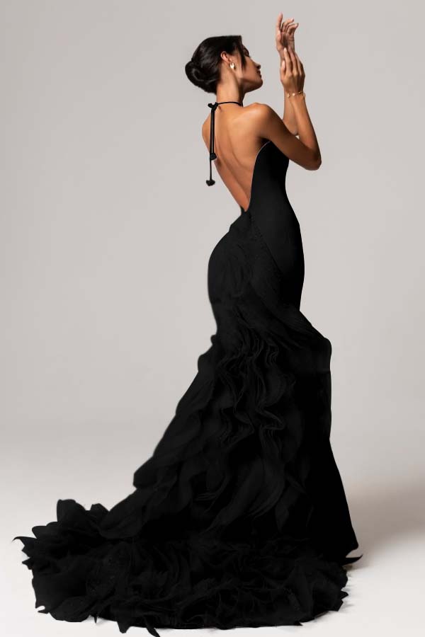 Lussooy Chic Halter Sleeveless Beaded Backless Mermaid Prom Dress with Ruffles 