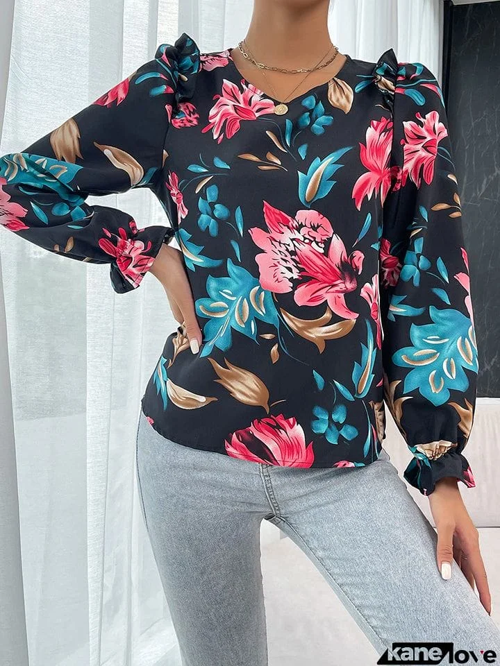 Floral Ruffle Shoulder Flounce Sleeve Blouse