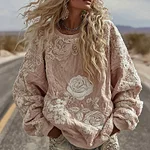 Women's Classic Romantic White Rose Embroidery Art Comfy Sweatshirt - Image 2