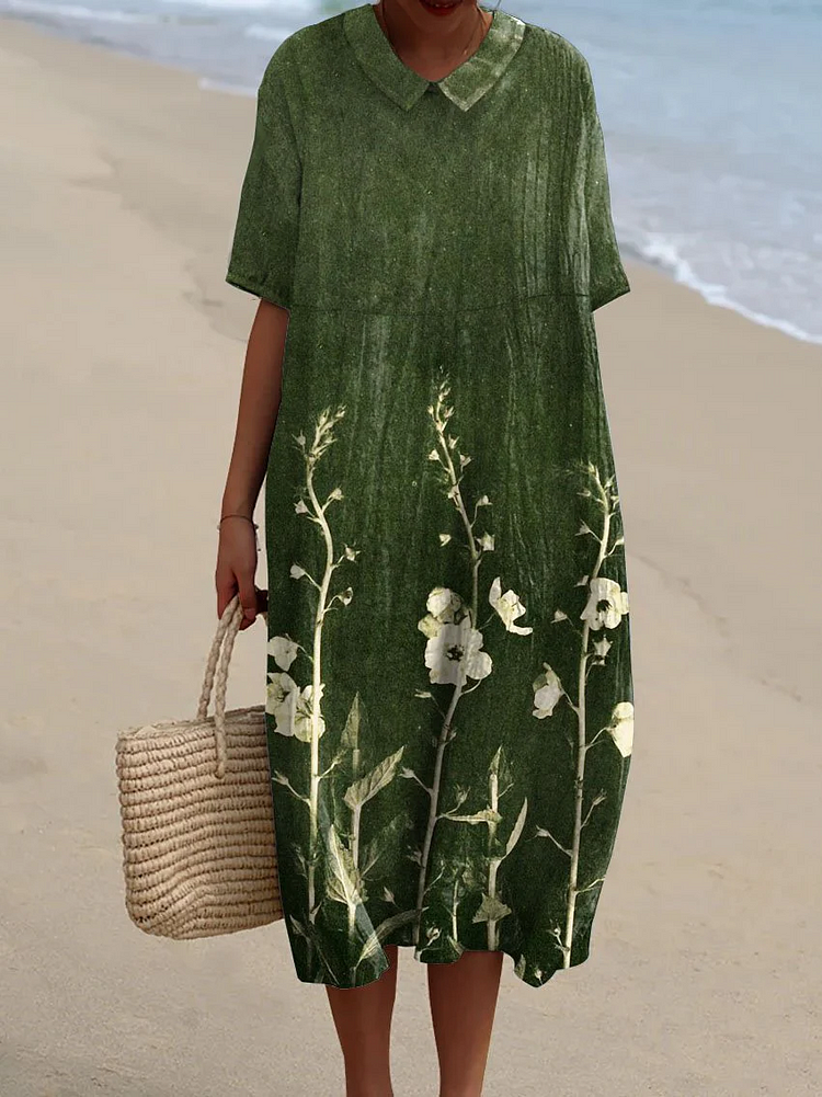 Women's Vintage Floral Art Print Pocket Linen Dress（Convertible Dress With Front And Back Option）