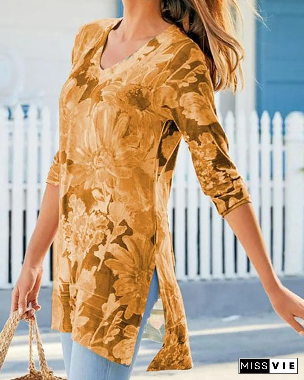 Slit Floral Print V Neck Long Sleeve T-shirts