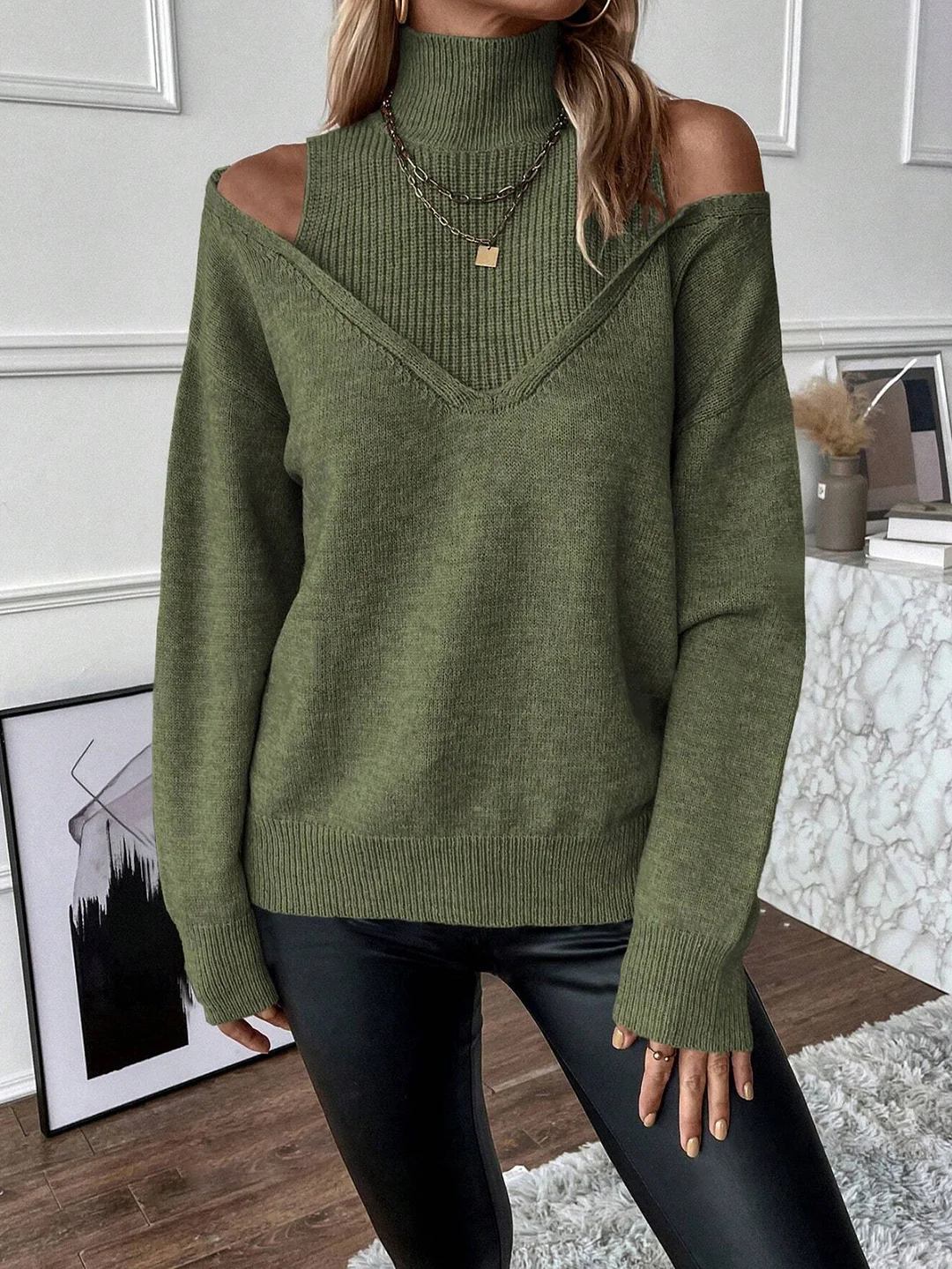 Nigikala Nigikala And Winter Women's Knitted Shoulder Half-High-Neck Solid Color Thread Temperament Casual Sweater