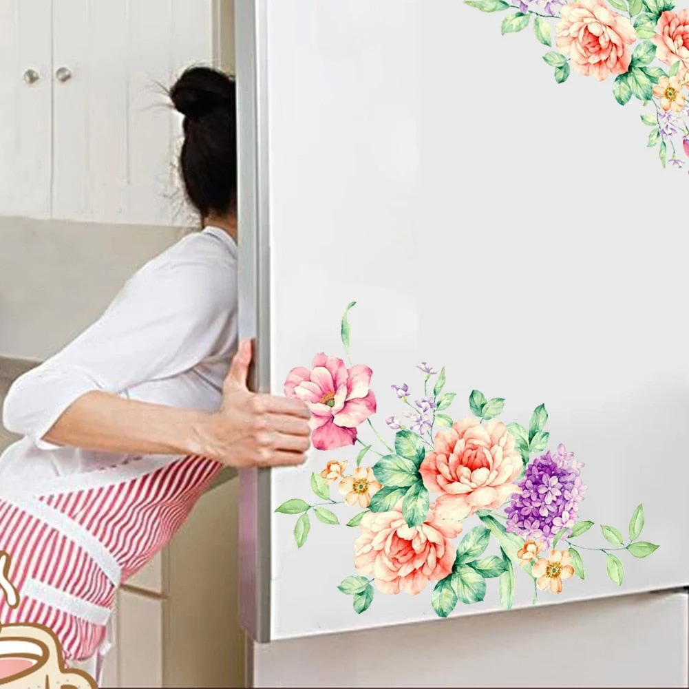 Colorful Flowers 3D Wall Stickers Beautiful Peony Fridge Stickers Wardrobe Toilet Bathroom Decoration PVC Wall Decals/Adhesive