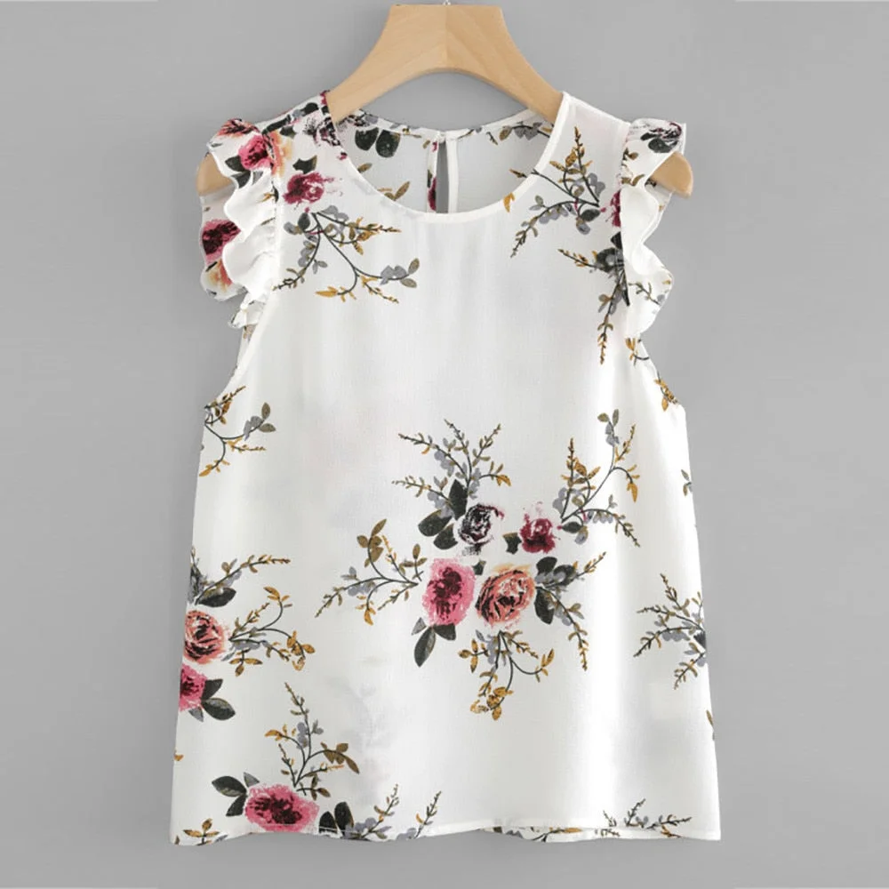 Women Vest Summer Tank Top Floral Print Butterfly Sleeve Blouse Crop Tops Vest Tank Chiffon O Neck Women Tank Tops Camis NEW